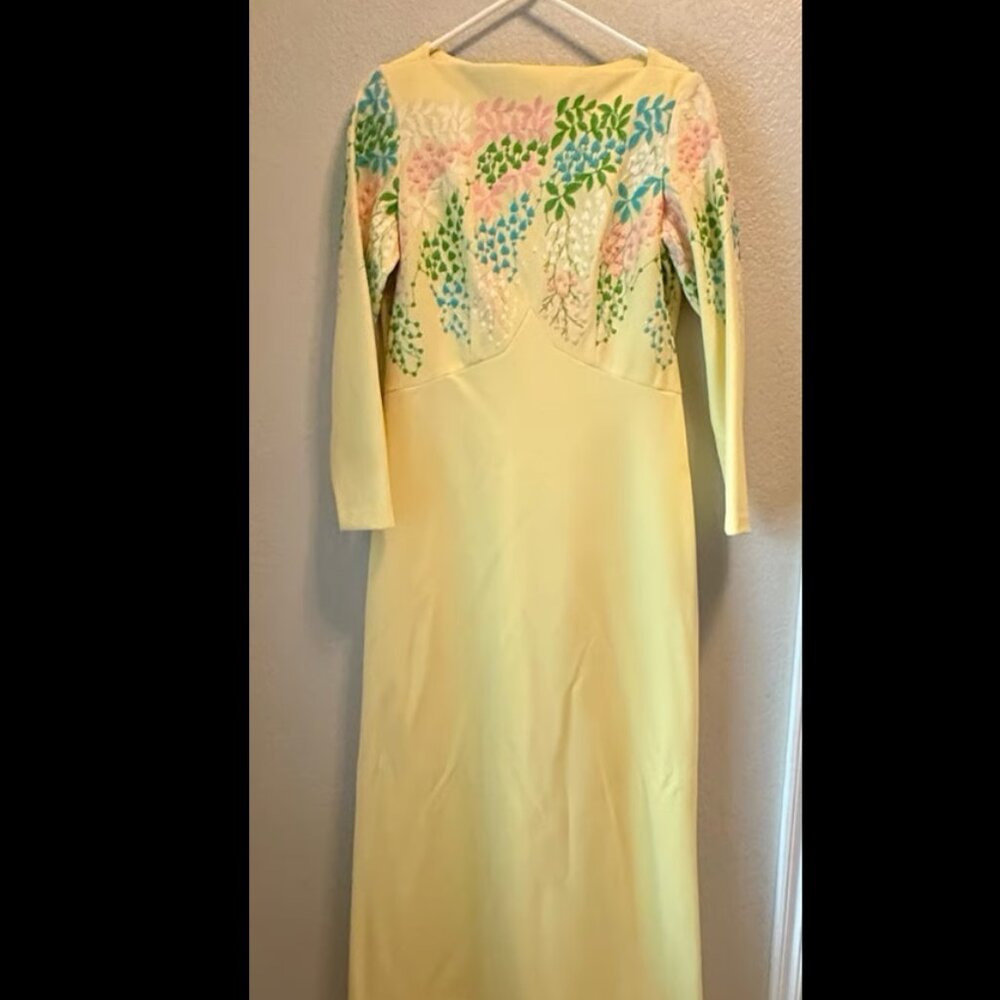 Vintage Paula Brooks Original Yellow Maxi Dress - Embroidered Floral - 1970's